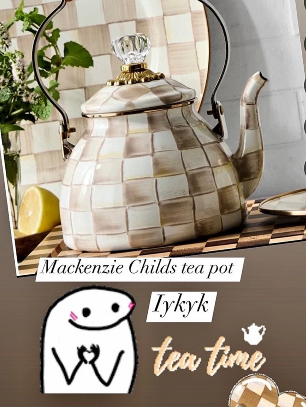 MacKenzie-Childs Parchment Check Tea Kettle Cream & Brown